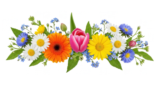 Colorful wildflower bouquet border with daisies, gerbera, rose and greenery, horizontal floral garland, isolated PNG on transparent background