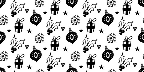 Seamless pattern with gifts, holly leaves and ornaments. Festive print. Hand drawn doodle outline vector background. 