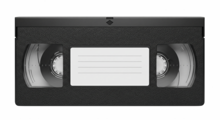 Black VHS videotape cassette with blank label, retro media tape, isolated on transparent background PNG clipart