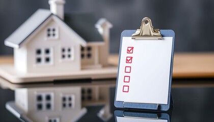 A miniature house model sits next to a clipboard with a checklist, symbolizing home inspection or real estate processes.