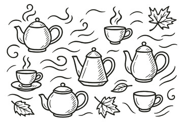 Tea time linear icons set. featuring teapot, cup, leaves, steam, and kettle symbols