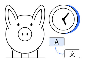 Piggy bank alongside a clock suggesting time-saving for financial planning and translation between languages. Ideal for savings, time management, education, globalization, communication, investment