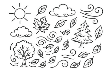 Naklejka premium Nature elements linear icon set. featuring sun, clouds, wind, leaves, tree symbols