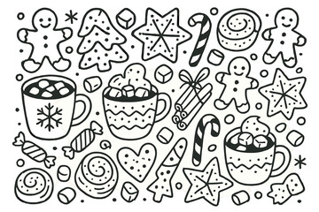 Fototapeta premium Holiday treats linear icon set. featuring gingerbread, candy cane, mug, stars, christmas trees, and sweets