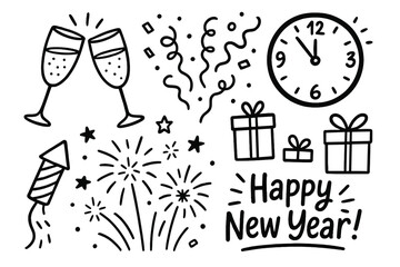Fototapeta premium New year celebration silhouette icon set. featuring champagne, confetti, clock, gifts, fireworks, and new year text