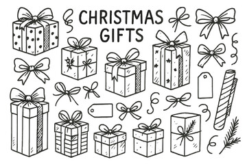 Christmas gifts silhouette icon set. featuring presents, bows, tags, and wrapping symbols