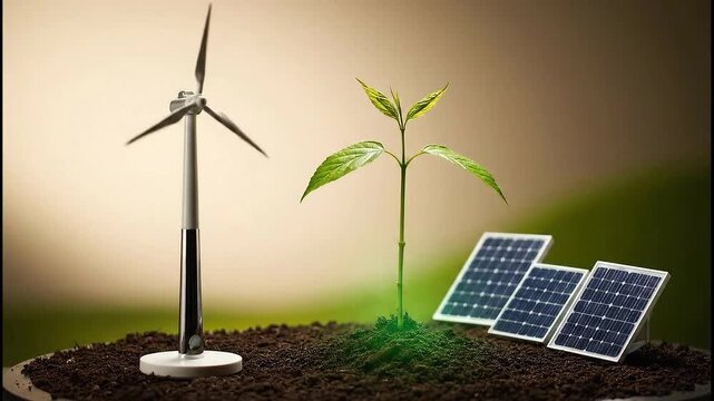 Sustainable Energy Sources - Wind Turbine, Solar Panels, and Plant Growth.