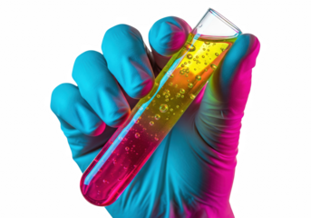 Gloved Hand Holding Test Tube with Colorful Liquid — Laboratory Science PNG on Transparent Background