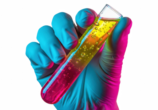 Gloved Hand Holding Test Tube with Colorful Liquid — Laboratory Science PNG on Transparent Background