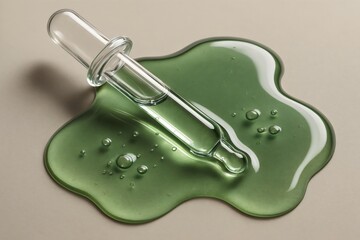 Green Cosmetic Serum with Dropper and Glossy Liquid Pool
