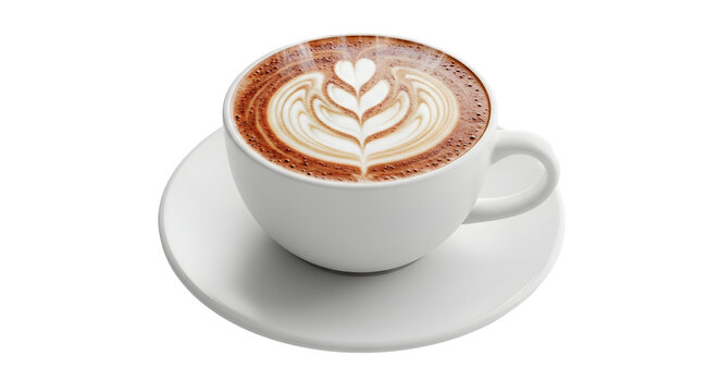 Steaming hot latte art coffee cup with intricate foam design, perfect morning brew.