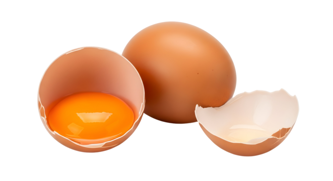Rich organic egg yolk glistening in broken shell next to whole brown egg