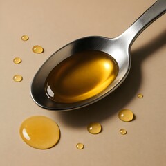 Stainless Steel Spoon with Golden Honey and Droplets on Beige Surface