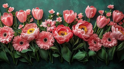 Dark background vintage floral arrangement with chrysanthemums, peonies, tulips top view, spring design
