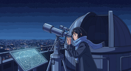 Anime observatory scene depicting celestial exploration and discovery with a telescope