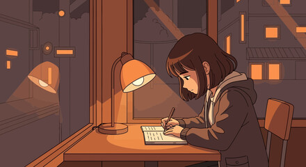 Lofi girl studying, cozy late night study session with warm light and city view
