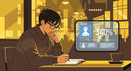 Reflective study session with digital insights in a vibrant urban cityscape