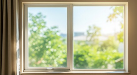 Naklejka premium Daylight shining through a clean window into a room with curtains
