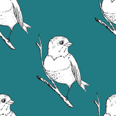 Seamless pattern with funny birds, flowers, leaves. Flat vector illustration with cartoon bird silhouette. Cute characters. Design for invitation, poster, card, textile, fabric.