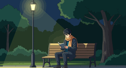 Illustrated serene night scene featuring a reader on a park bench beneath a streetlight