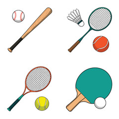 Collection of hand drawn sports equipment for baseball tennis badminton and table tennis