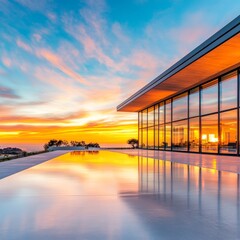 Fototapeta premium Modern Architecture and Infinity Pool Reflecting a Vibrant Sunset, Minimalism , Luxury