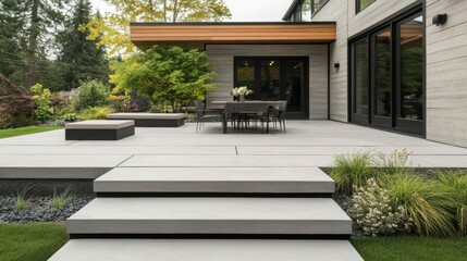 Fototapeta premium Modern Concrete Patio with Outdoor Dining Area, backyard , landscape