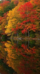 Obraz premium Vibrant autumn foliage mirroring perfectly in still lake water, creating a breathtaking, tranquil, and colorful natural scene ,beautiful ,tree ,leaves
