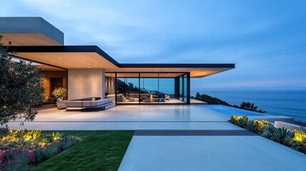 Fototapeta premium Modern Oceanview Home Infinity Pool, Evening Light ,Architecture ,Luxury Homes