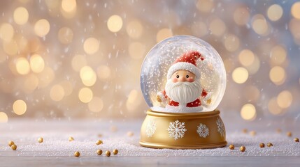 Glowing snow globe with santa inside on golden base with snowflakes, soft bokeh background, falling snow and macro depth of field, magical and cozy christmas decor concept