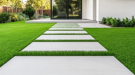 Modern Path Concrete Pavers Through Lush Green Lawn to Home Entrance, landscape design , lawn care