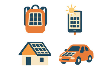 Fototapeta premium Solar energy silhouette icon set. featuring backpack, smartphone, house, and car with solar panels