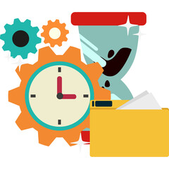 Clockwork Mechanism Gears And Hourglass Symbolize Time Management And Efficiency In Business And Productivity With A Yellow Folder Containing Documents Representing Work Organization