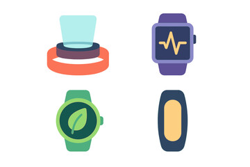 Technology flat icon set. featuring hologram, smartwatch, fitness tracker, and eco watch symbols