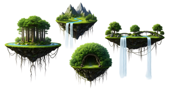 Enchanting floating islands with waterfalls, trees, and magical cave entrance