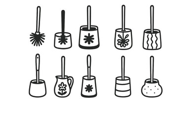 Naklejka premium Bathroom cleaning silhouette icon set. featuring brush, scrubber, mop, plunger, and broom symbols