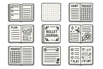 Bullet journal silhouette icon set. featuring habit tracker, plan, monthly log, and floral design symbols
