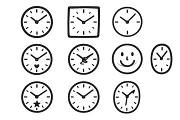 Classic clocks silhouette icon set. featuring various clock faces with simple and emotive designs