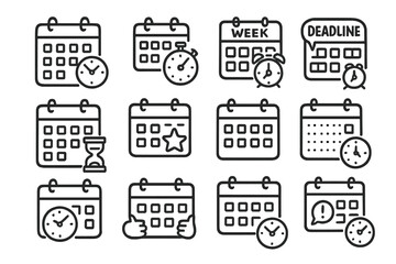 Calendar and planner linear icon set. featuring clock, deadline, stopwatch, star, weekly schedule, and reminder symbols