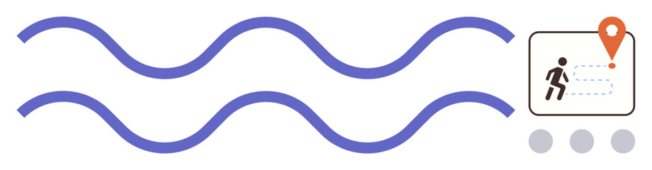 Wavy lines paired with a figure walking toward a location pin on a map interface. Ideal for travel, navigation, progress, exploration, mapping, wayfinding, and journey planning. Simple flat metaphor