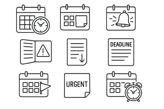 Deadline management linear icon set. featuring calendar, alarm, clock, warning, urgent, and checklist symbols