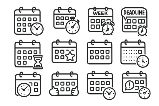Calendar and planner linear icon set. featuring clock, deadline, stopwatch, star, weekly schedule, and reminder symbols