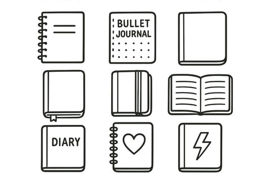 Notebook linear icon set. featuring bullet journal, diary, heart, square, open book, and lightning symbols