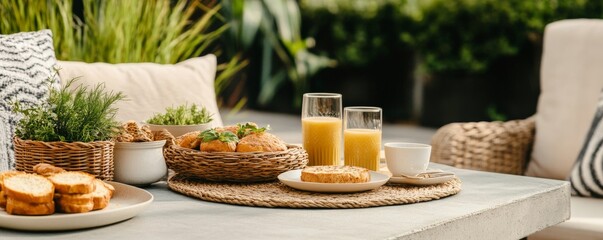 Outdoor Brunch Fresh Buns, Juice and Toast on Patio Table, Outdoor dining ,Breakfast
