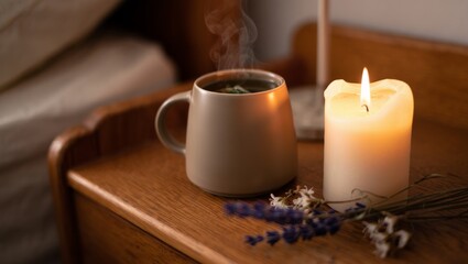 Steaming herbal tea in a ceramic mug and a lit candle, creating a cozy and relaxing evening atmosphere on a wooden nightstand, promoting comfort and peaceful sleep