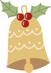 hand drawn golden christmas bell with holly, cute festive decoration vector