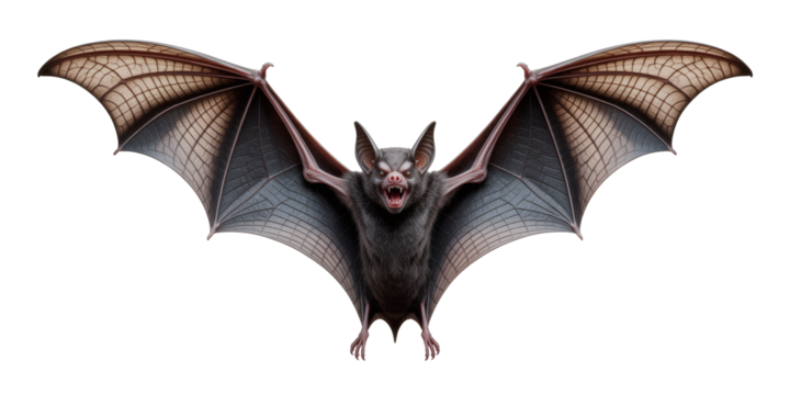 Striking bat with open wings, detailed fur and menacing expression, perfect for Halloween designs and scary concepts