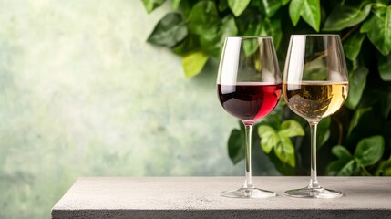 Wine Tasting Red and White Wine Glasses with Greenery Backdrop, Wine, Drinks