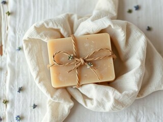Natural handmade soap wrapped in fabric with rustic twine