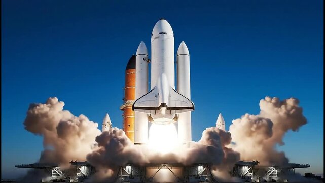 Space Shuttle Launching into the Sky with Flames and Smoke.